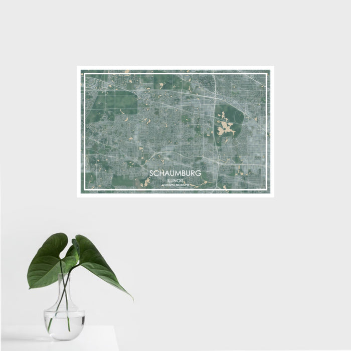 16x24 Schaumburg Illinois Map Print Landscape Orientation in Afternoon Style With Tropical Plant Leaves in Water