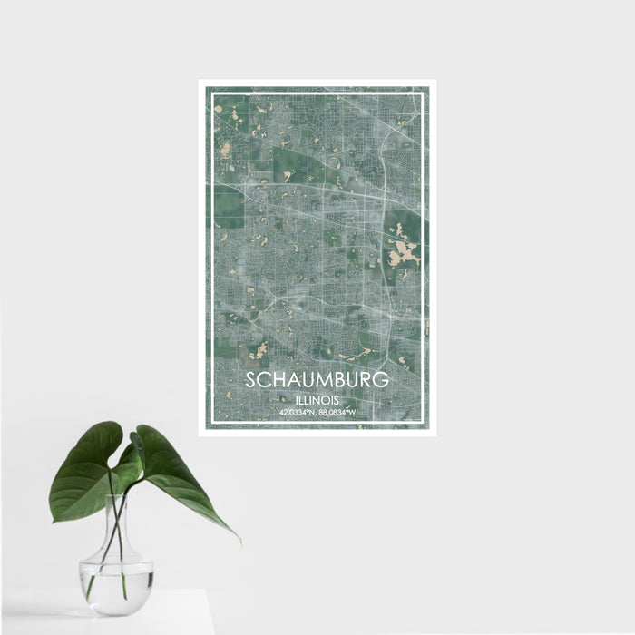 16x24 Schaumburg Illinois Map Print Portrait Orientation in Afternoon Style With Tropical Plant Leaves in Water
