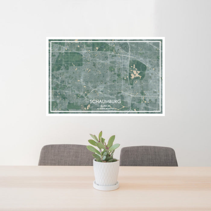 24x36 Schaumburg Illinois Map Print Lanscape Orientation in Afternoon Style Behind 2 Chairs Table and Potted Plant