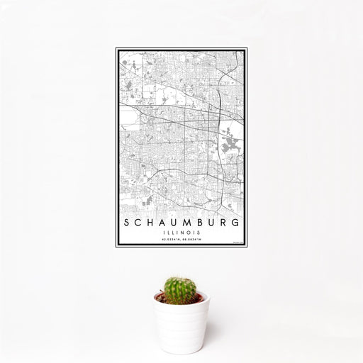 12x18 Schaumburg Illinois Map Print Portrait Orientation in Classic Style With Small Cactus Plant in White Planter