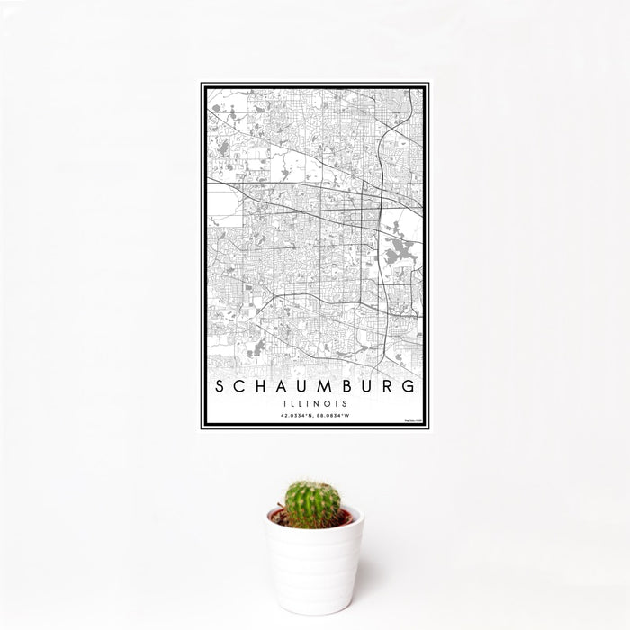 12x18 Schaumburg Illinois Map Print Portrait Orientation in Classic Style With Small Cactus Plant in White Planter
