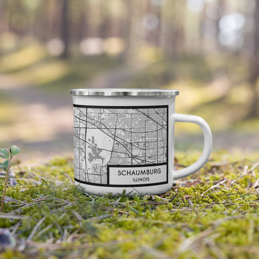 Right View Custom Schaumburg Illinois Map Enamel Mug in Classic on Grass With Trees in Background