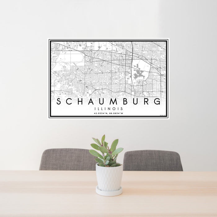 24x36 Schaumburg Illinois Map Print Landscape Orientation in Classic Style Behind 2 Chairs Table and Potted Plant