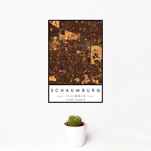 12x18 Schaumburg Illinois Map Print Portrait Orientation in Ember Style With Small Cactus Plant in White Planter