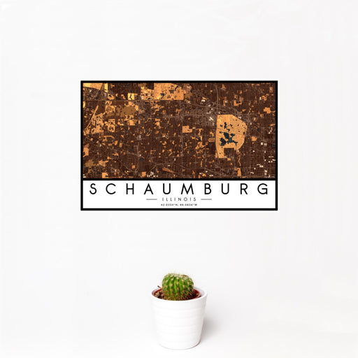 12x18 Schaumburg Illinois Map Print Landscape Orientation in Ember Style With Small Cactus Plant in White Planter
