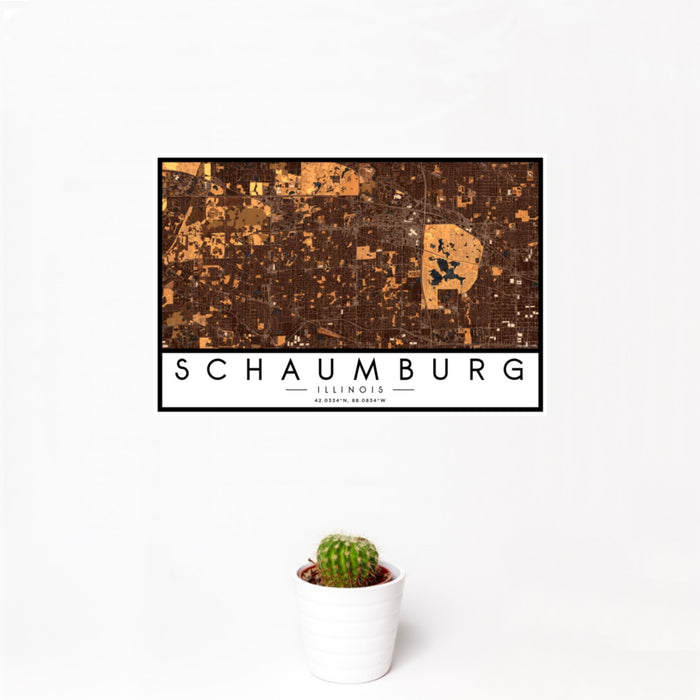 12x18 Schaumburg Illinois Map Print Landscape Orientation in Ember Style With Small Cactus Plant in White Planter