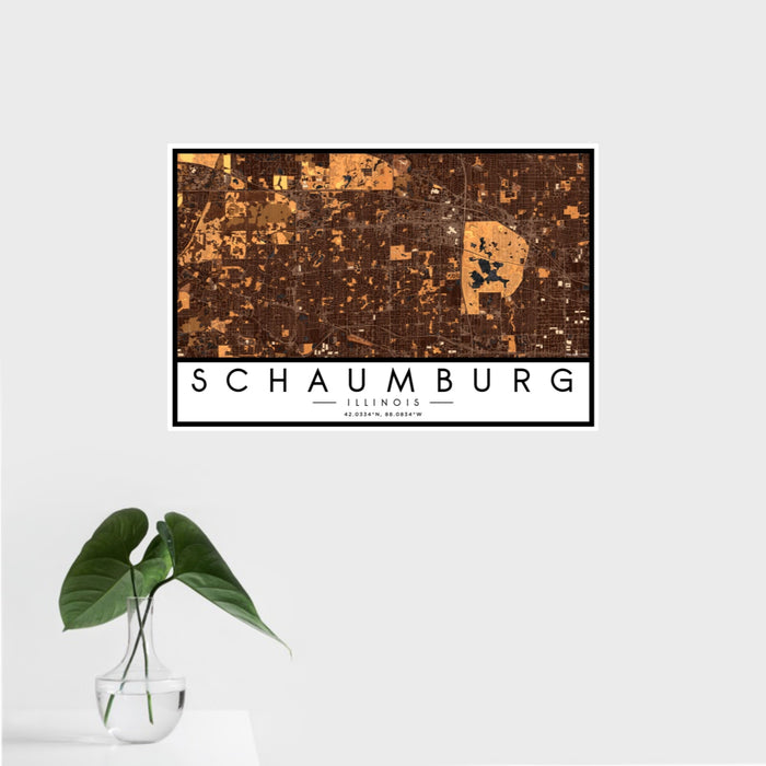 16x24 Schaumburg Illinois Map Print Landscape Orientation in Ember Style With Tropical Plant Leaves in Water