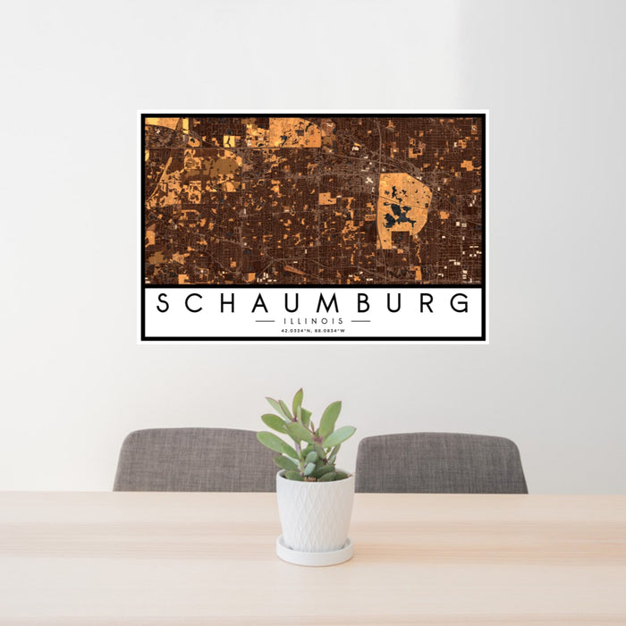 24x36 Schaumburg Illinois Map Print Landscape Orientation in Ember Style Behind 2 Chairs Table and Potted Plant