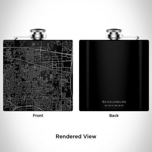 Rendered View of Schaumburg Illinois Map Engraving on 6oz Stainless Steel Flask in Black