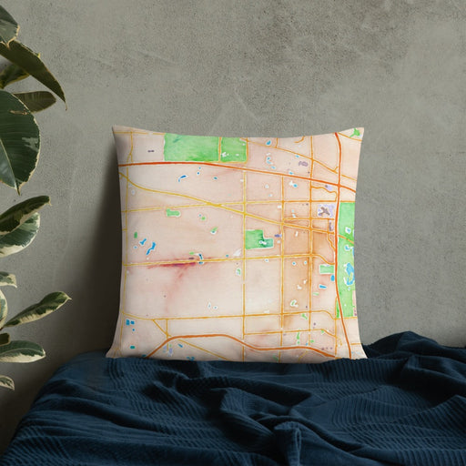 Custom Schaumburg Illinois Map Throw Pillow in Watercolor on Bedding Against Wall