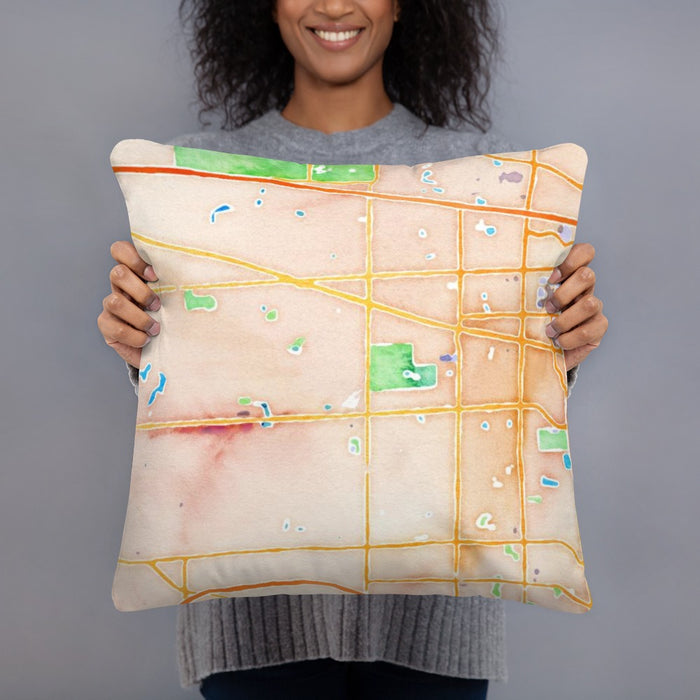 Person holding 18x18 Custom Schaumburg Illinois Map Throw Pillow in Watercolor