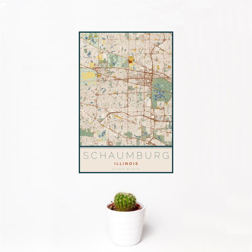12x18 Schaumburg Illinois Map Print Portrait Orientation in Woodblock Style With Small Cactus Plant in White Planter