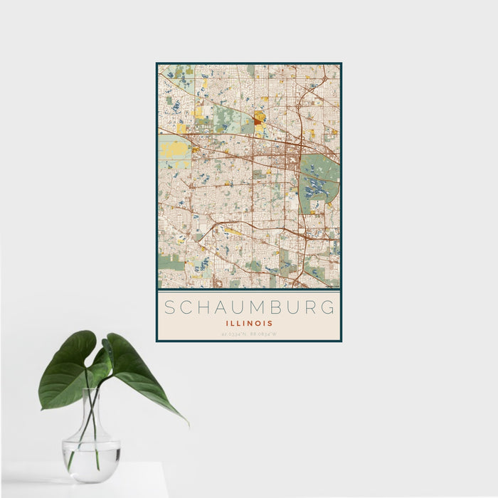 16x24 Schaumburg Illinois Map Print Portrait Orientation in Woodblock Style With Tropical Plant Leaves in Water