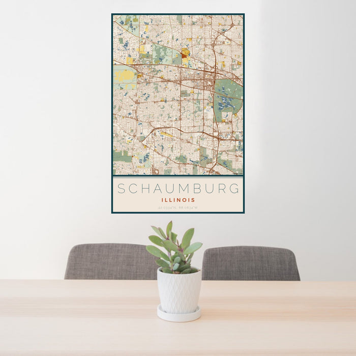 24x36 Schaumburg Illinois Map Print Portrait Orientation in Woodblock Style Behind 2 Chairs Table and Potted Plant