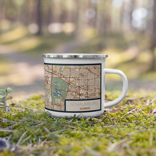 Right View Custom Schaumburg Illinois Map Enamel Mug in Woodblock on Grass With Trees in Background