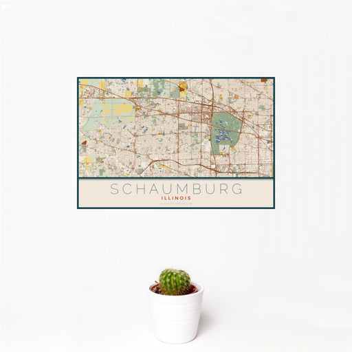 12x18 Schaumburg Illinois Map Print Landscape Orientation in Woodblock Style With Small Cactus Plant in White Planter