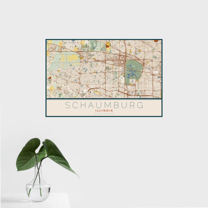 16x24 Schaumburg Illinois Map Print Landscape Orientation in Woodblock Style With Tropical Plant Leaves in Water