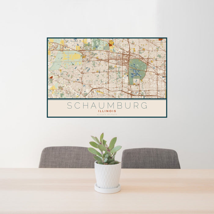 24x36 Schaumburg Illinois Map Print Landscape Orientation in Woodblock Style Behind 2 Chairs Table and Potted Plant