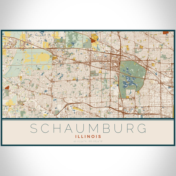 Schaumburg Illinois Map Print Landscape Orientation in Woodblock Style With Shaded Background
