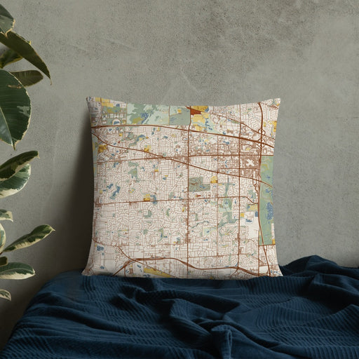 Custom Schaumburg Illinois Map Throw Pillow in Woodblock on Bedding Against Wall