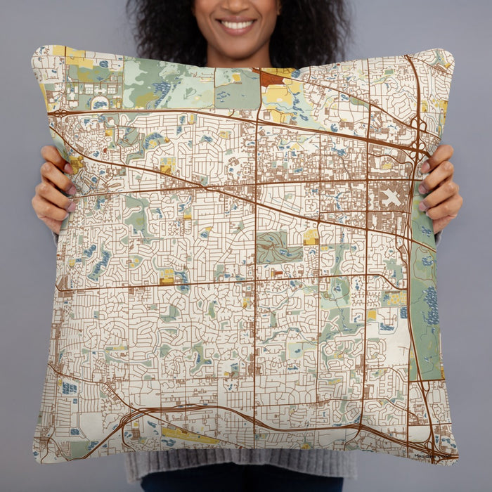 Person holding 22x22 Custom Schaumburg Illinois Map Throw Pillow in Woodblock