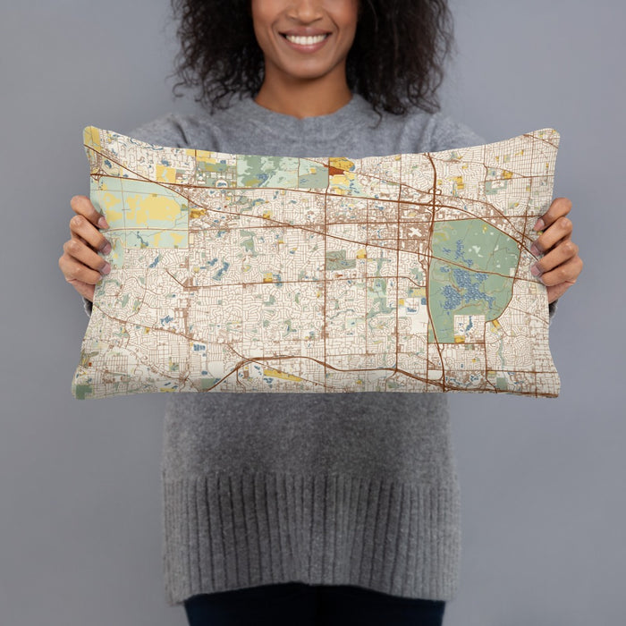 Person holding 20x12 Custom Schaumburg Illinois Map Throw Pillow in Woodblock