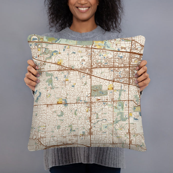Person holding 18x18 Custom Schaumburg Illinois Map Throw Pillow in Woodblock