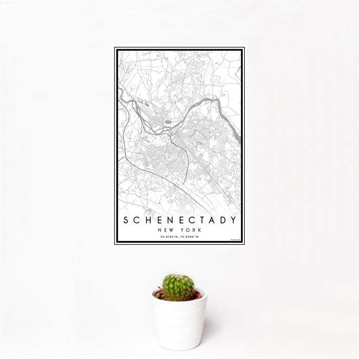 12x18 Schenectady New York Map Print Portrait Orientation in Classic Style With Small Cactus Plant in White Planter