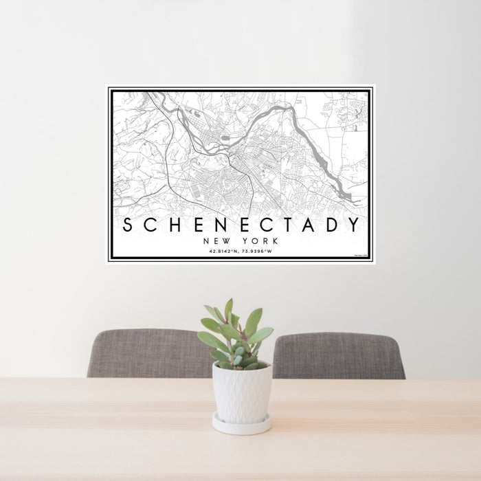 24x36 Schenectady New York Map Print Landscape Orientation in Classic Style Behind 2 Chairs Table and Potted Plant