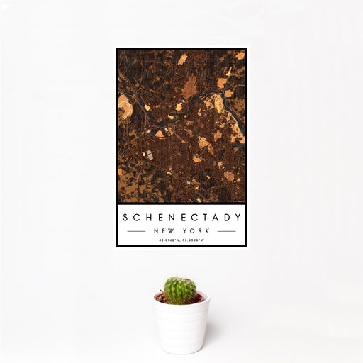 12x18 Schenectady New York Map Print Portrait Orientation in Ember Style With Small Cactus Plant in White Planter