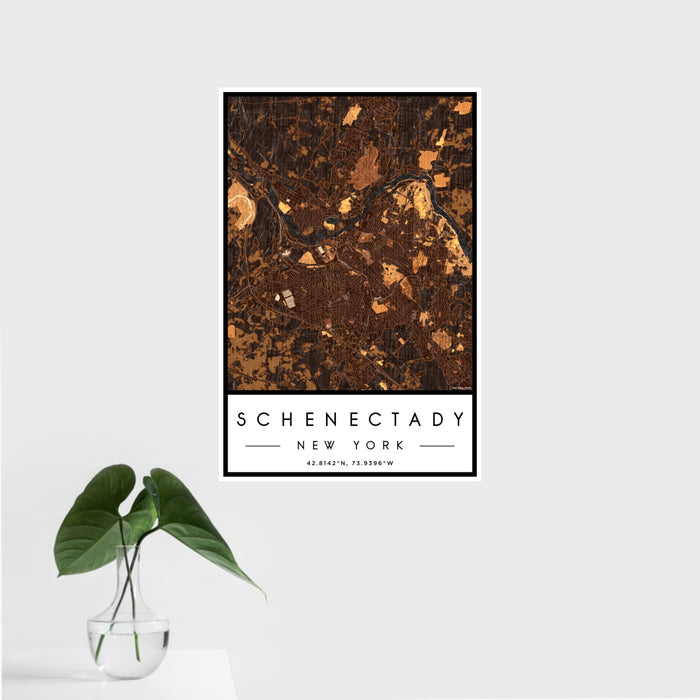 16x24 Schenectady New York Map Print Portrait Orientation in Ember Style With Tropical Plant Leaves in Water