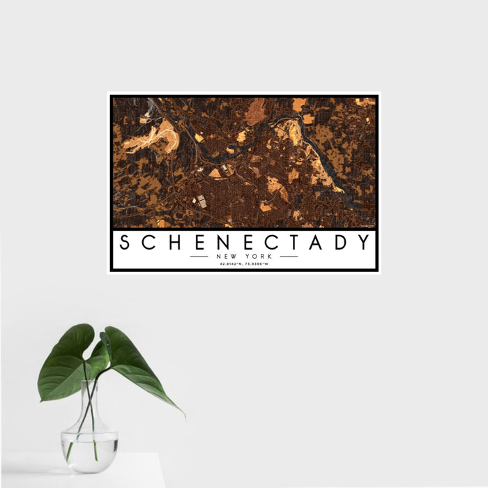 16x24 Schenectady New York Map Print Landscape Orientation in Ember Style With Tropical Plant Leaves in Water