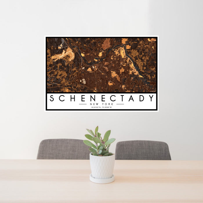 24x36 Schenectady New York Map Print Landscape Orientation in Ember Style Behind 2 Chairs Table and Potted Plant