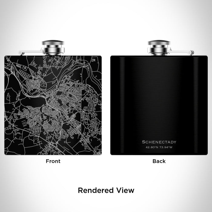 Rendered View of Schenectady New York Map Engraving on 6oz Stainless Steel Flask in Black
