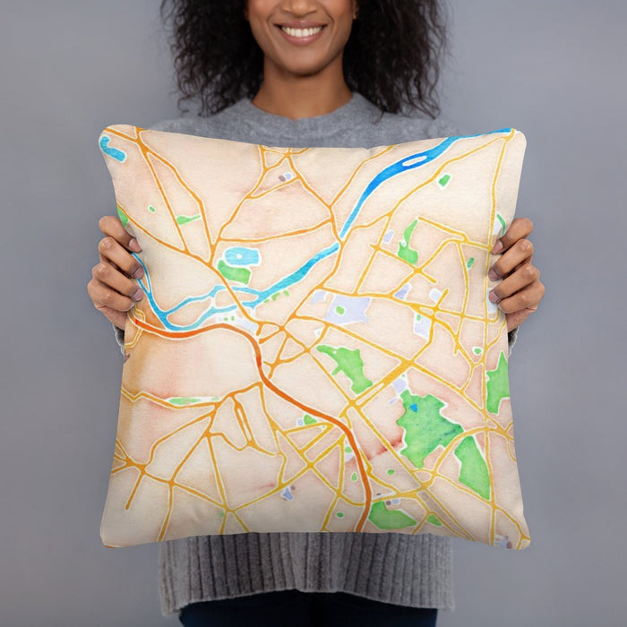 Person holding 18x18 Custom Schenectady New York Map Throw Pillow in Watercolor