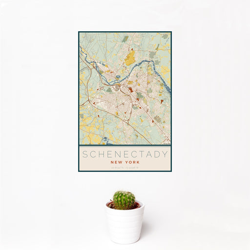 12x18 Schenectady New York Map Print Portrait Orientation in Woodblock Style With Small Cactus Plant in White Planter