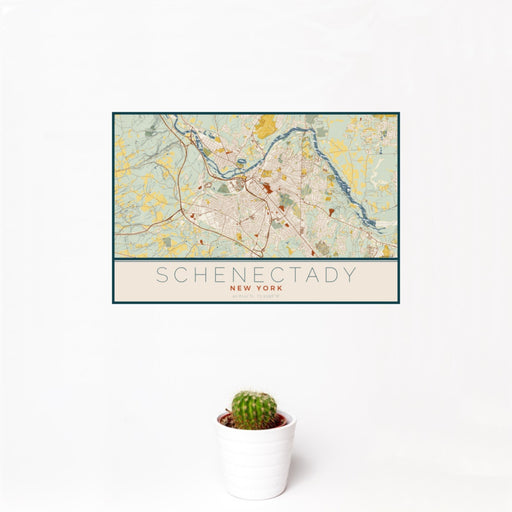 12x18 Schenectady New York Map Print Landscape Orientation in Woodblock Style With Small Cactus Plant in White Planter