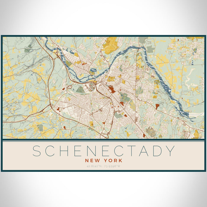 Schenectady New York Map Print Landscape Orientation in Woodblock Style With Shaded Background