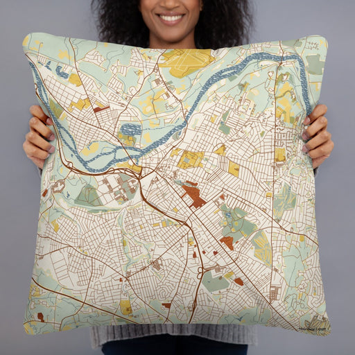 Person holding 22x22 Custom Schenectady New York Map Throw Pillow in Woodblock
