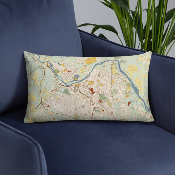 Custom Schenectady New York Map Throw Pillow in Woodblock on Blue Colored Chair