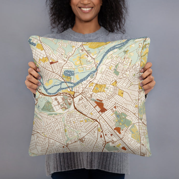 Person holding 18x18 Custom Schenectady New York Map Throw Pillow in Woodblock