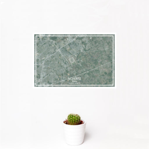 12x18 Schertz Texas Map Print Landscape Orientation in Afternoon Style With Small Cactus Plant in White Planter
