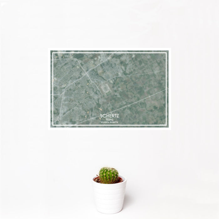 12x18 Schertz Texas Map Print Landscape Orientation in Afternoon Style With Small Cactus Plant in White Planter