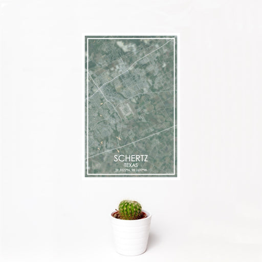 12x18 Schertz Texas Map Print Portrait Orientation in Afternoon Style With Small Cactus Plant in White Planter