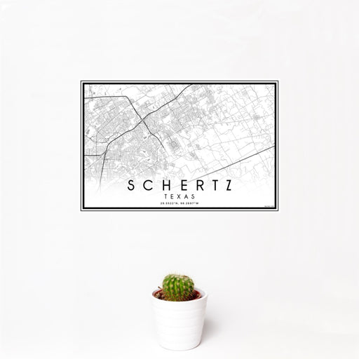 12x18 Schertz Texas Map Print Landscape Orientation in Classic Style With Small Cactus Plant in White Planter