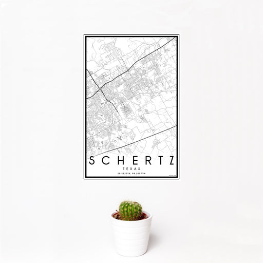 12x18 Schertz Texas Map Print Portrait Orientation in Classic Style With Small Cactus Plant in White Planter