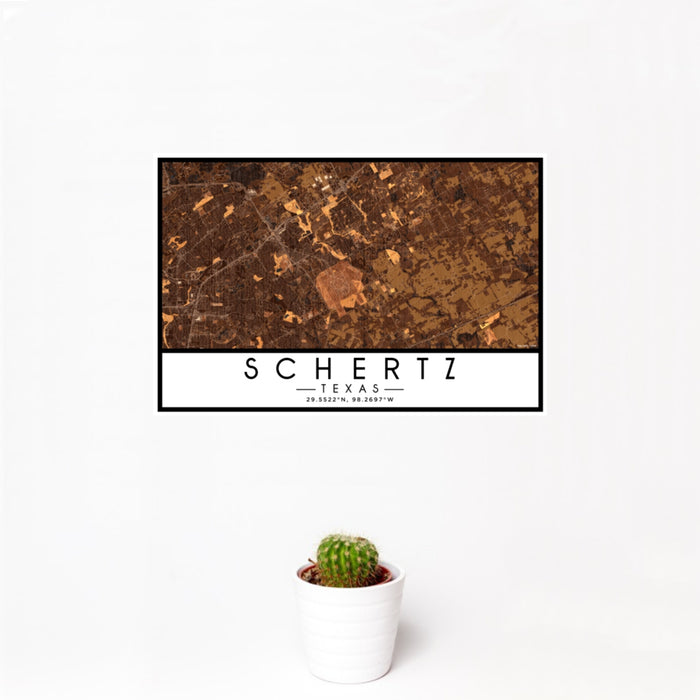 12x18 Schertz Texas Map Print Landscape Orientation in Ember Style With Small Cactus Plant in White Planter