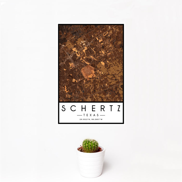 12x18 Schertz Texas Map Print Portrait Orientation in Ember Style With Small Cactus Plant in White Planter