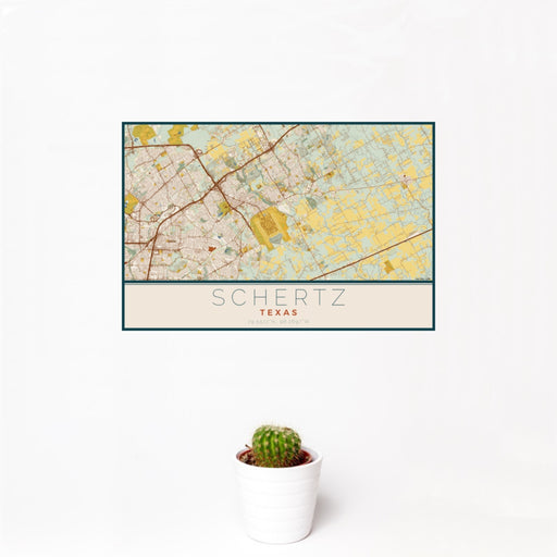 12x18 Schertz Texas Map Print Landscape Orientation in Woodblock Style With Small Cactus Plant in White Planter