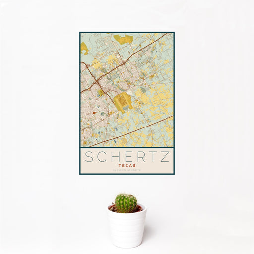 12x18 Schertz Texas Map Print Portrait Orientation in Woodblock Style With Small Cactus Plant in White Planter